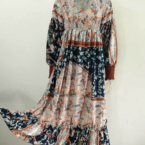 Bohemian Blue Brown Floral Print Midi Dress - Picture 4 of 6